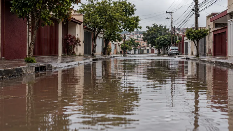 Cena ilustrativa: via urbana alagada após chuva forte, com carros em área elevada
