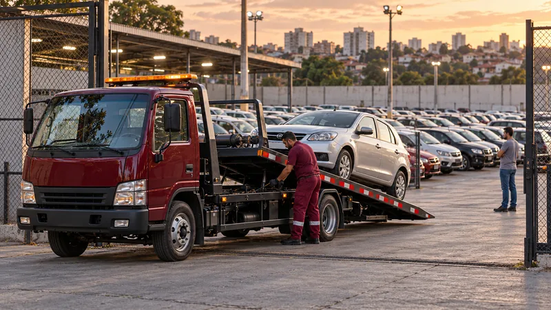 Cena ilustrativa: carros enfileirados no pátio de um leiloeiro