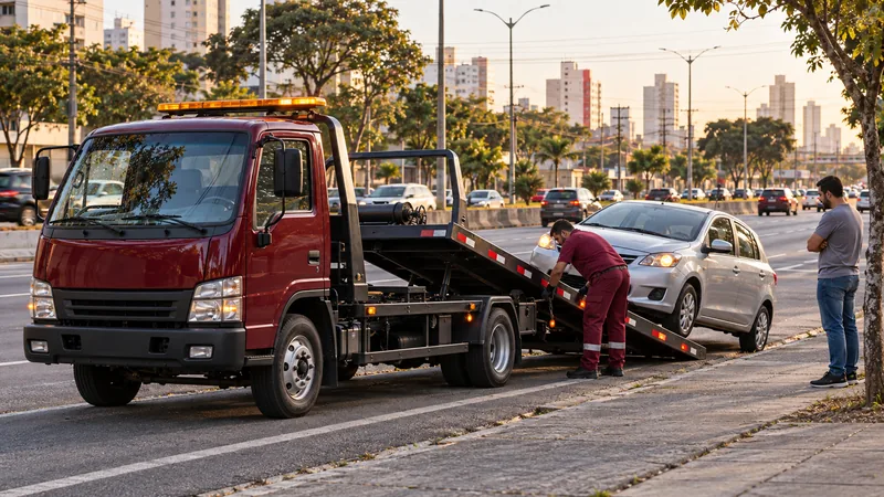 Cena ilustrativa: via urbana com canteiro central e carro sinalizado em área lateral segura