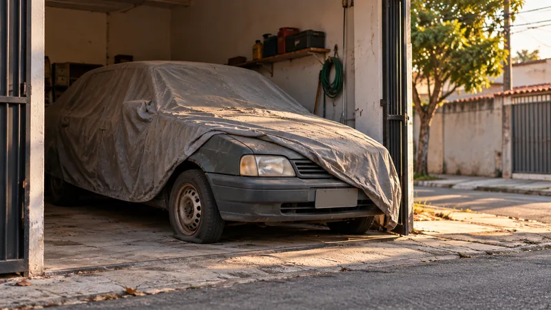 Cena ilustrativa: carro coberto parado há meses em uma garagem