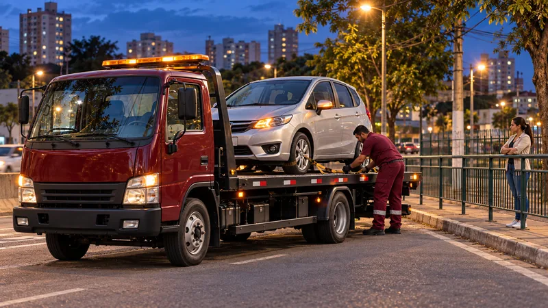 Cena ilustrativa: carro parado à noite com pisca-alerta ligado em avenida iluminada