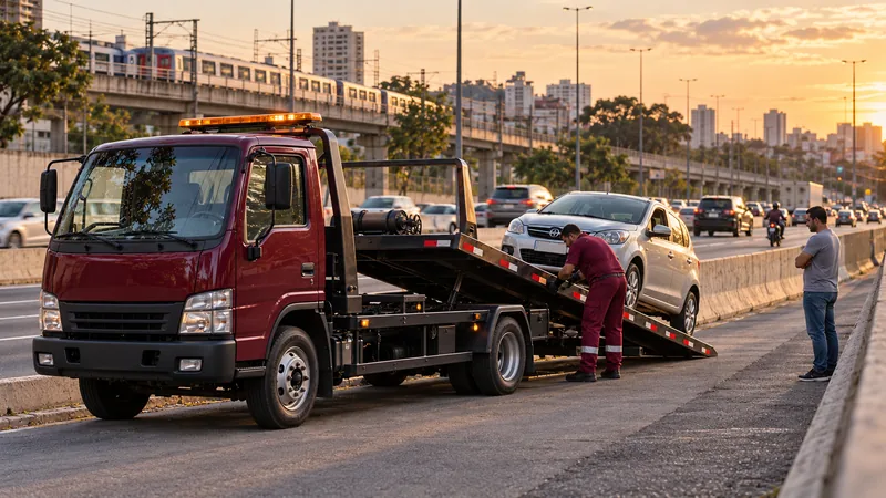Cena ilustrativa: avenida de tráfego intenso com carro parado em área lateral e proteção da via