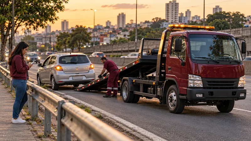 Cena ilustrativa: motorista em lugar seguro atrás da proteção da via enquanto o carro parado está sinalizado