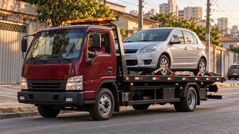 Cena ilustrativa: guincho plataforma levando um carro pela cidade