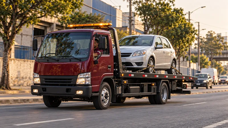 Cena ilustrativa: guincho plataforma transportando um carro em via de ligação metropolitana