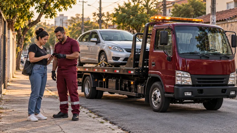 Cena ilustrativa: motorista conferindo o atendimento com o operador ao lado do guincho plataforma