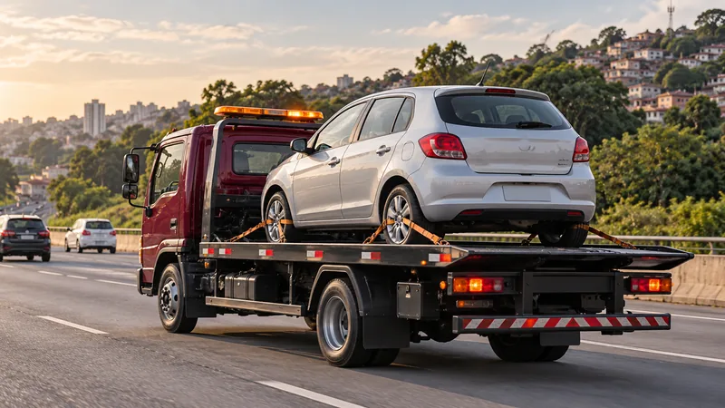 Cena ilustrativa: guincho plataforma levando um carro em rodovia