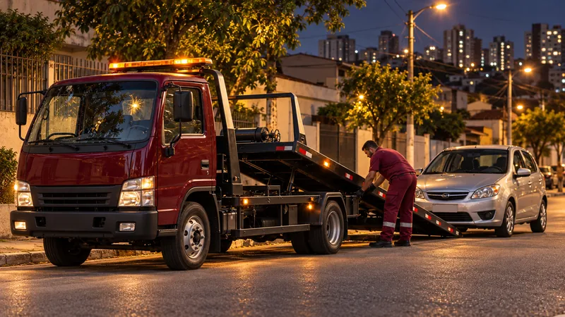 Cena ilustrativa: guincho atendendo um carro à noite em avenida iluminada