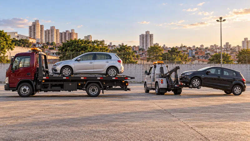 Cena ilustrativa: guincho plataforma e guincho asa-delta lado a lado, mostrando como cada um leva o carro