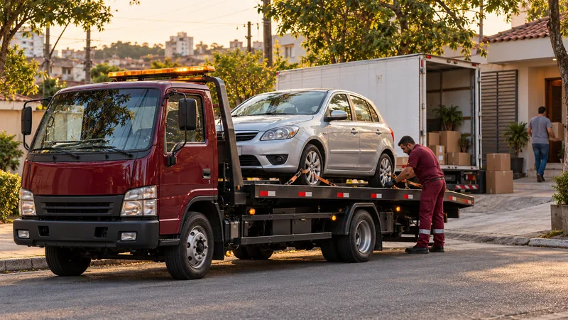 Cena ilustrativa: caminhão de mudança e carro preparados para a viagem