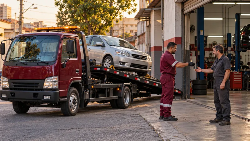 Cena ilustrativa: mecânico recebendo um carro trazido pelo guincho