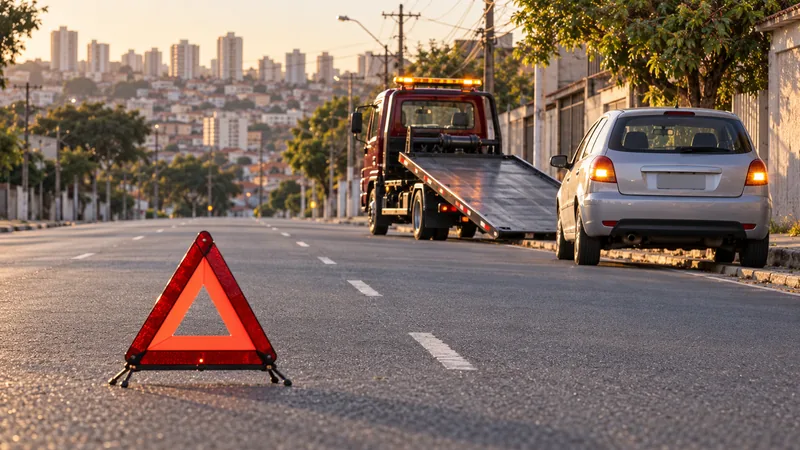 Cena ilustrativa: triângulo de sinalização atrás de um carro parado no acostamento
