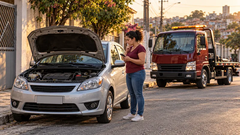 Cena ilustrativa: motorista olhando o motor do carro com o capô aberto