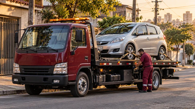 Cena ilustrativa: guincho plataforma transportando o carro inteiro, sem rodas no chão