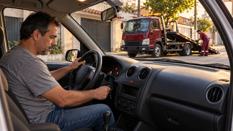 Cena ilustrativa: motorista tentando dar a partida em um carro que não liga