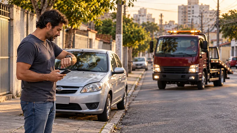 Cena ilustrativa: motorista em local seguro consultando o relógio enquanto espera o guincho