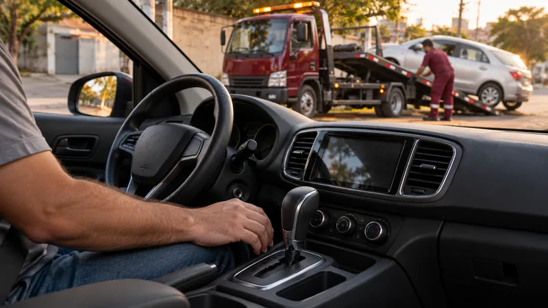 Cena ilustrativa: seletor de câmbio automático em carro parado, com plataforma ao fundo