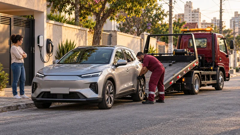 Cena ilustrativa: carro elétrico desligado, com carregador desconectado e guincho preparado ao fundo