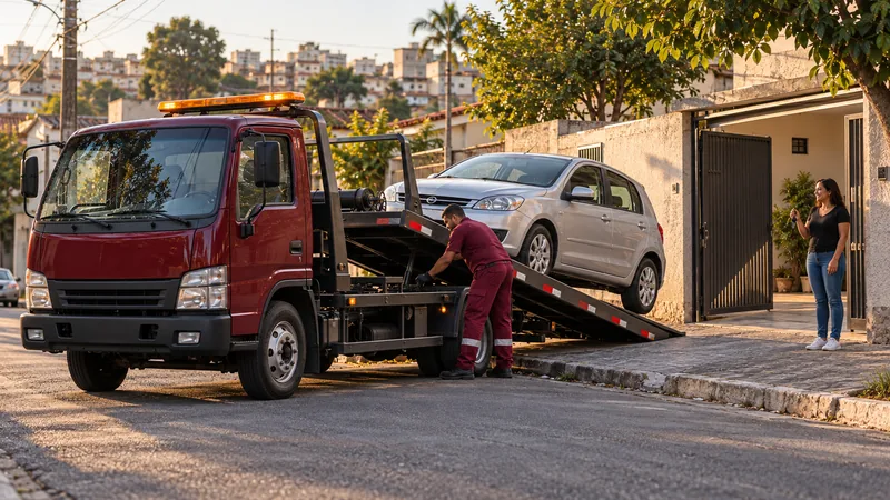Cena ilustrativa: carro comprado sendo levado no guincho até a casa do novo dono