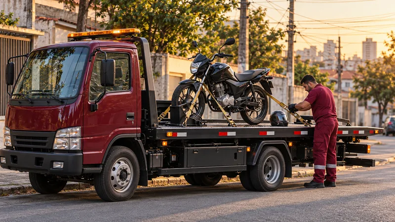 Cena ilustrativa: moto em pé na plataforma, com apoio para a roda e cintas de fixação