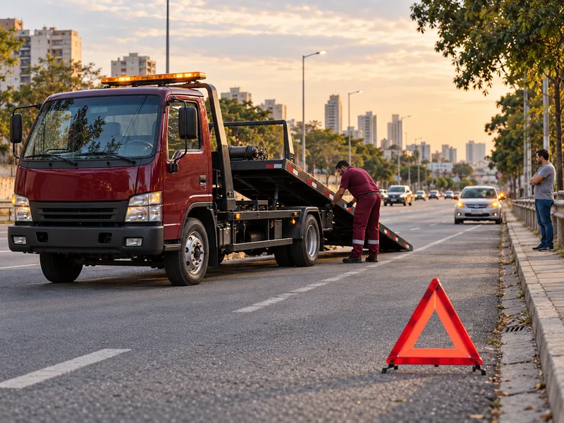 Cena ilustrativa: carro parado no acostamento com pisca-alerta ligado e triângulo de sinalização atrás