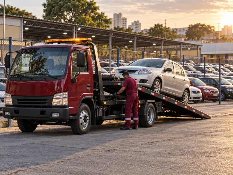 Cena ilustrativa: carro arrematado em leilão sendo retirado do pátio do leiloeiro em guincho plataforma