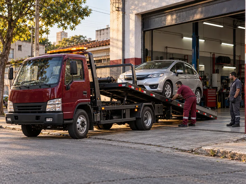 Cena ilustrativa: carro sendo descarregado do guincho plataforma na porta de uma oficina mecânica