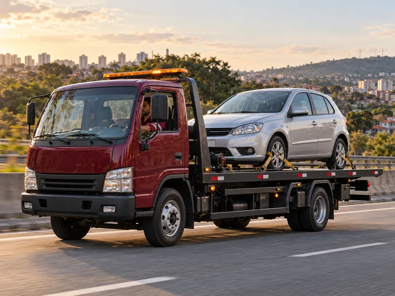 Cena ilustrativa: guincho plataforma levando um carro pela rodovia para outra cidade