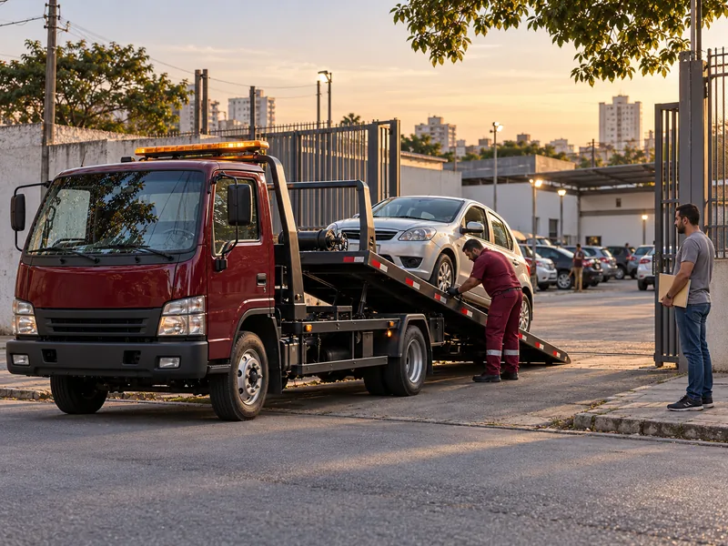 Cena ilustrativa: carro liberado no pátio sendo embarcado no guincho plataforma para seguir até a casa do dono