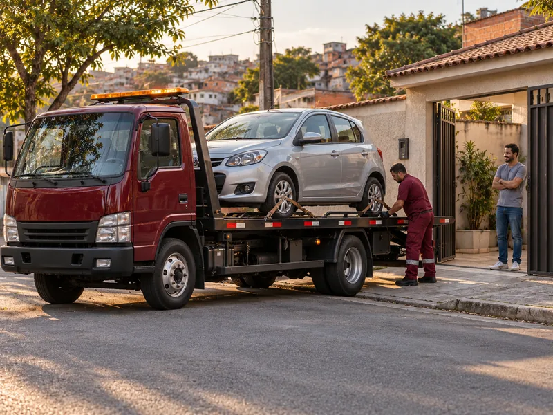 Cena ilustrativa: carro comprado sendo transportado em cima do guincho plataforma na Zona Leste