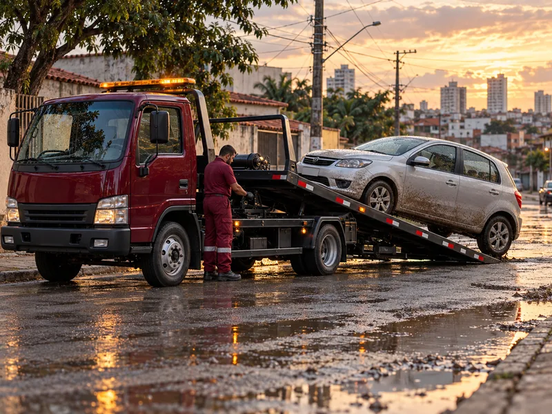 Cena ilustrativa: carro que passou por alagamento sendo levado no guincho plataforma sem ligar o motor