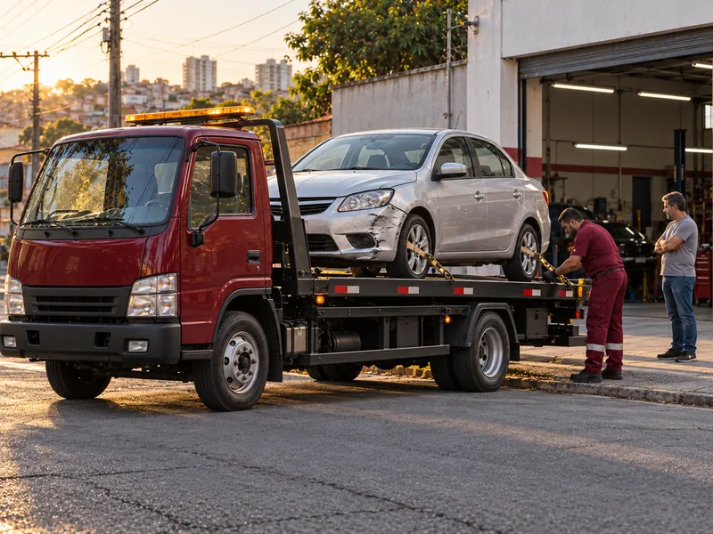 Cena ilustrativa: carro batido sendo levado em cima do guincho plataforma até a funilaria
