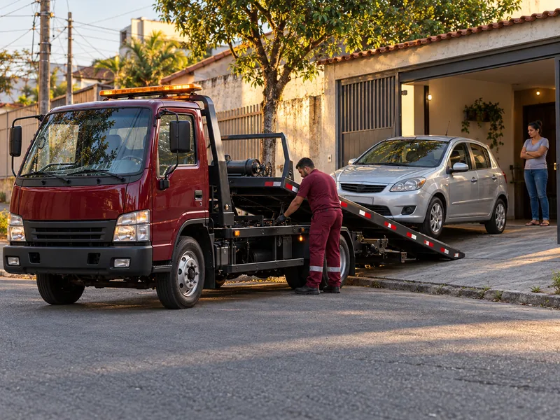 Cena ilustrativa: carro que não dá partida na garagem sendo preparado para subir no guincho plataforma
