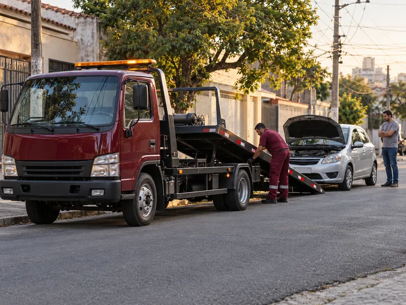 Cena ilustrativa: carro quebrado com o capô aberto esperando o guincho plataforma