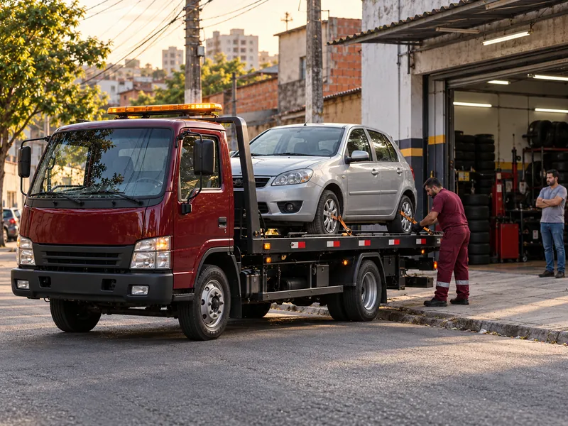 Cena ilustrativa: carro com pneu furado e sem estepe em cima do guincho plataforma a caminho da borracharia