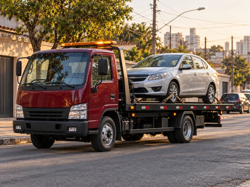 Cena ilustrativa: carro de câmbio automático sendo levado na plataforma com o câmbio parado
