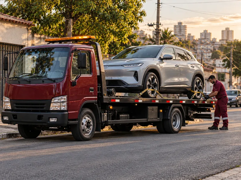 Cena ilustrativa: carro elétrico preso em cima do guincho plataforma, sem nenhuma roda no chão