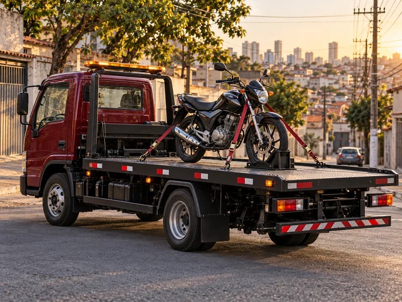 Cena ilustrativa: moto presa em pé em cima da plataforma do guincho, pronta para o transporte