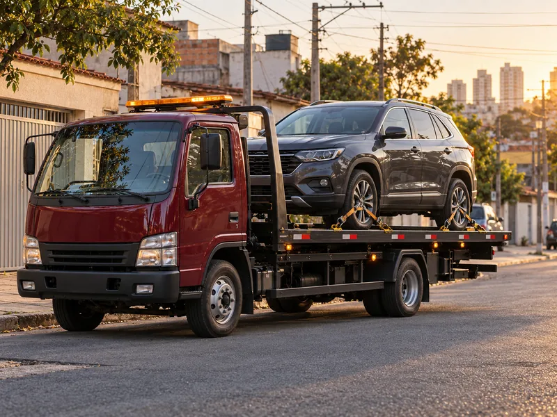 Cena ilustrativa: sUV embarcado no guincho plataforma com as rodas presas