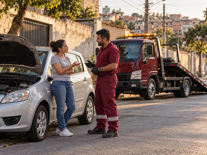 Cena ilustrativa: motorista ao lado do carro parado conversando com o operador de guincho na Zona Leste