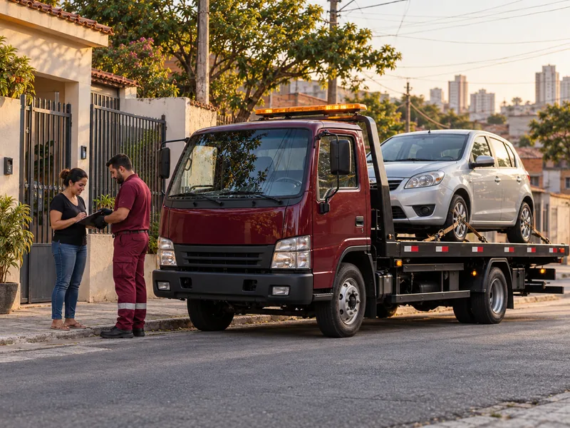 Cena ilustrativa: guincho plataforma estacionado em frente a uma casa para retirar um carro com hora marcada