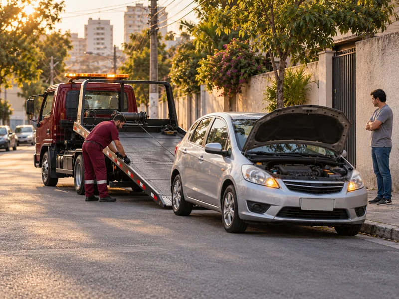 Cena ilustrativa: guincho plataforma chegando para atender um carro parado na rua